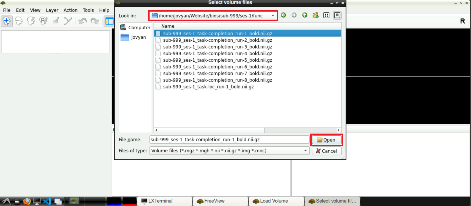 Select functional nifti file of a run in your bids directory