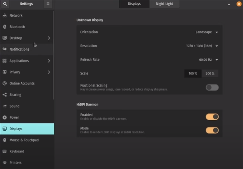 PopOS example settings window, always make sure to close this window and not apply new display settings